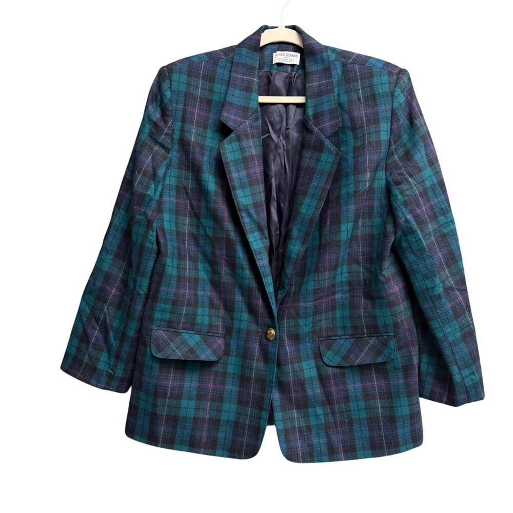 Alfred Dunner Womens Plaid Blazer Size 14 Blue & Green Button Front Made In USA